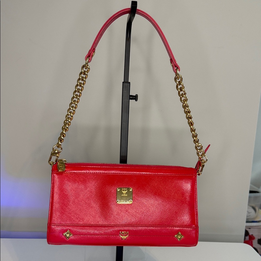 MCM Red Leather Shoulder Bag with Gold Chain